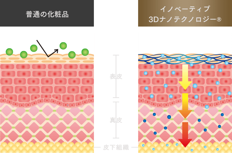 普通の化粧品とイノベーティブ3Dナノテクノロジー®の比較